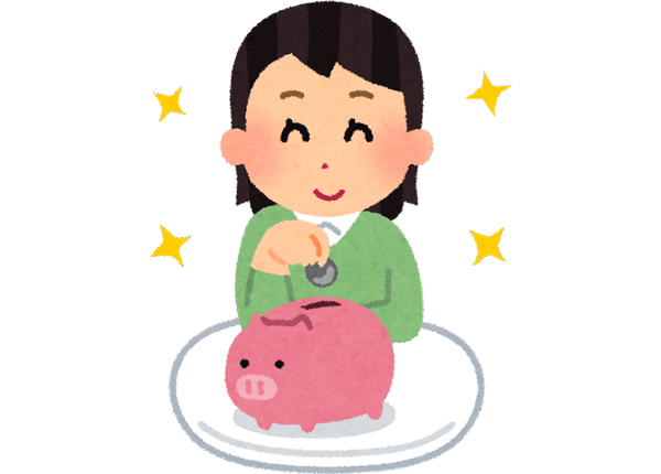 貯金箱にお金を入れる女性